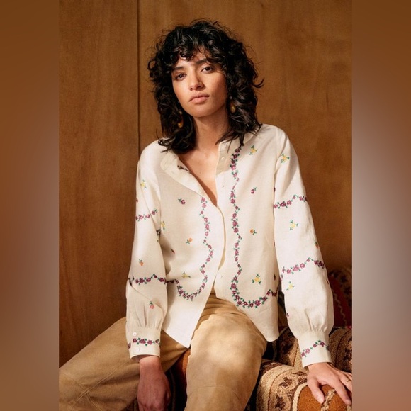 Sézane X Lucia Vergara - Elviro Shirt Ecru With Margarita Embroidery Sz 8/EU 40 - Picture 2 of 8